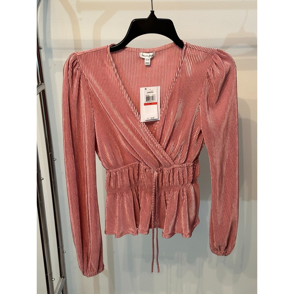 Love, Fire Juniors' Pleated Balloon-Sleeved Top- Dark Pink XS 0